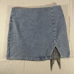 Denim Cloud Ten Mini Skirt Size Medium With Cut Out & Rhinestone Fringe